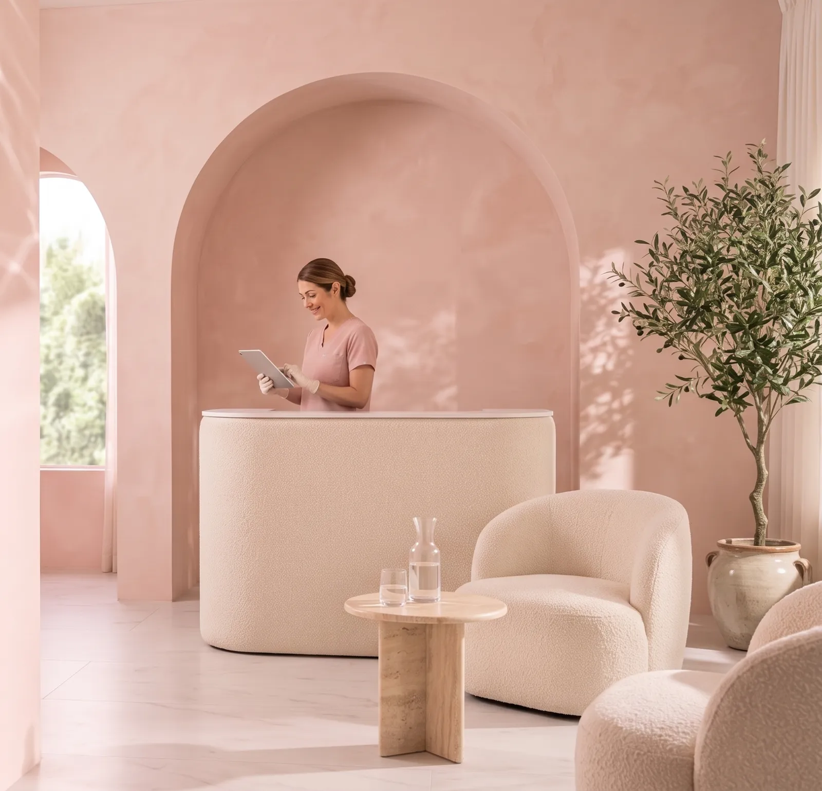 Patient coordinator at the curved reception desk in the Vero Beach Medical Spa lounge