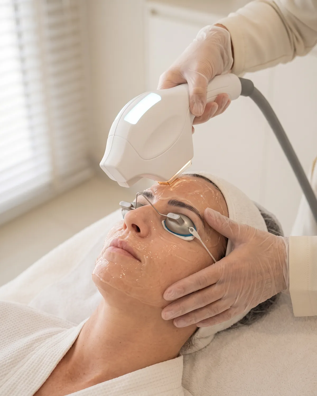 BBL photofacial handpiece on a woman wearing eye shields, in Vero Beach