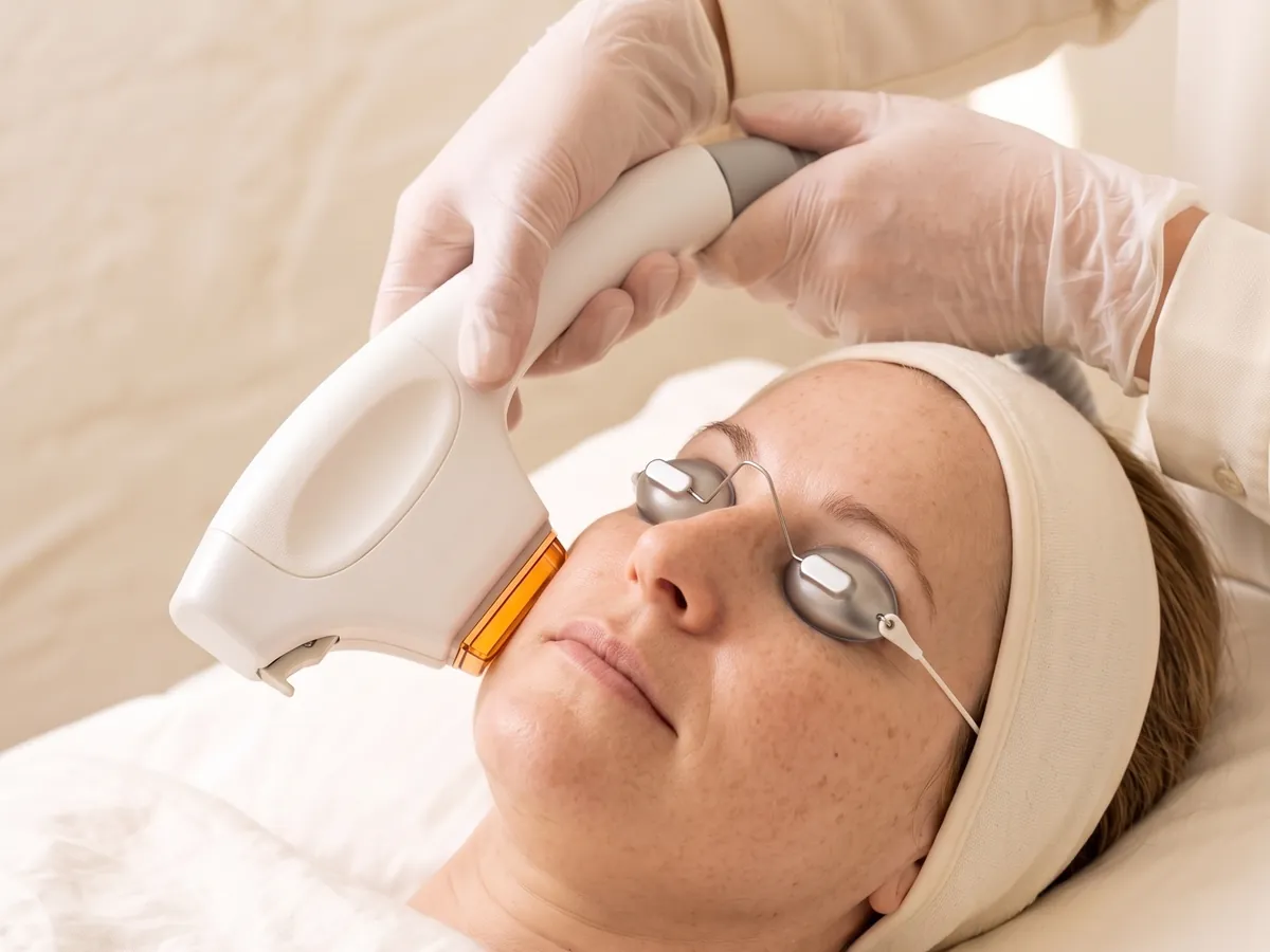 Woman with freckles receiving a BBL photofacial