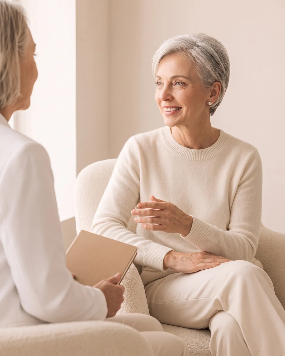 Concierge doctor taking notes while talking with a patient in a calm consult room