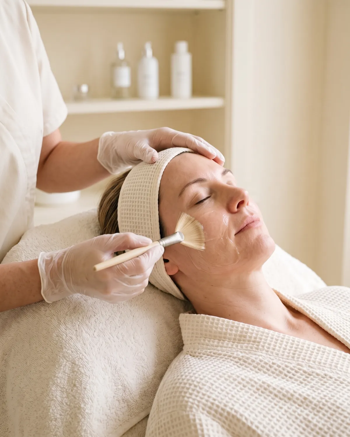 Esthetician brushing a treatment mask onto a client's face during a facial