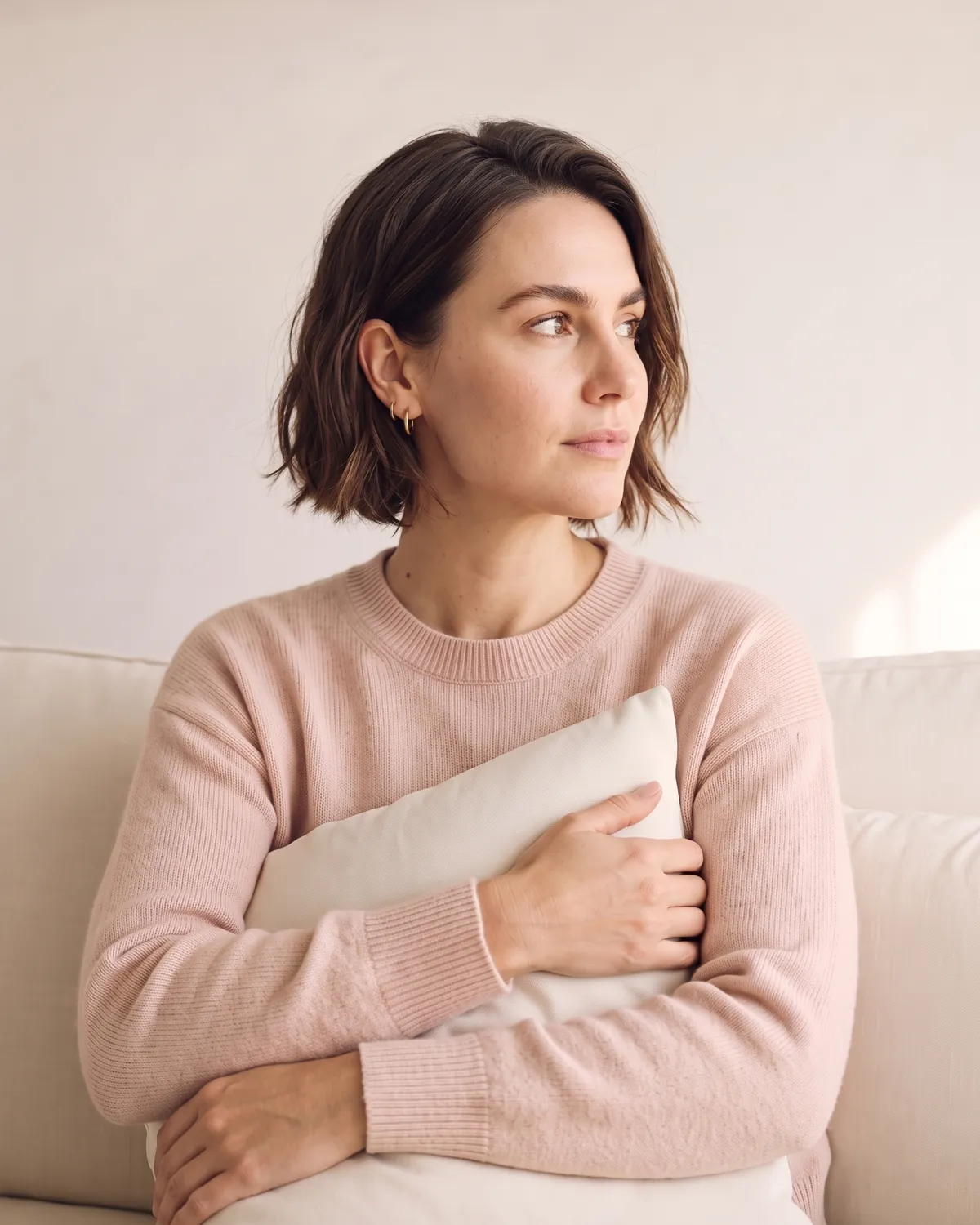 Woman hugging a cushion on a sofa at a mental health appointment in Vero Beach