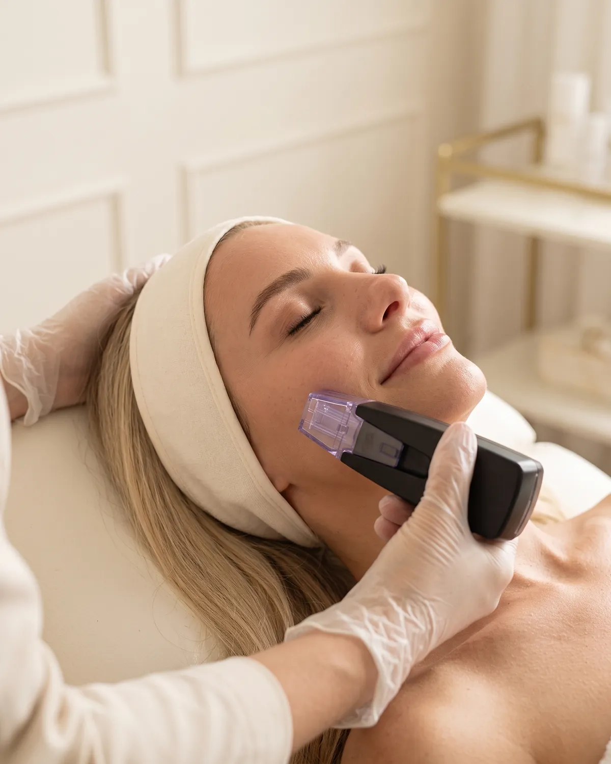 Morpheus8 RF microneedling handpiece on a woman's cheek in Vero Beach