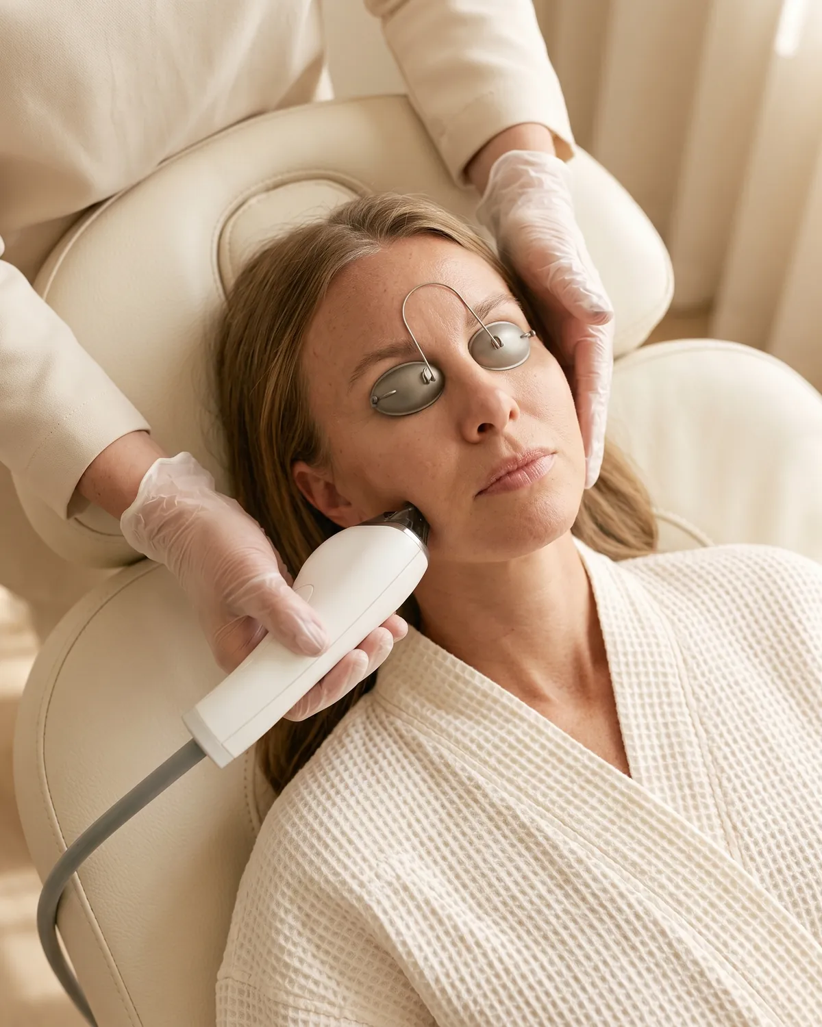 MOXI laser handpiece on a woman's cheek, eyes protected with shields