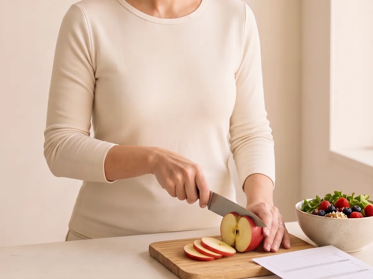 Slicing apples next to a written nutrition plan