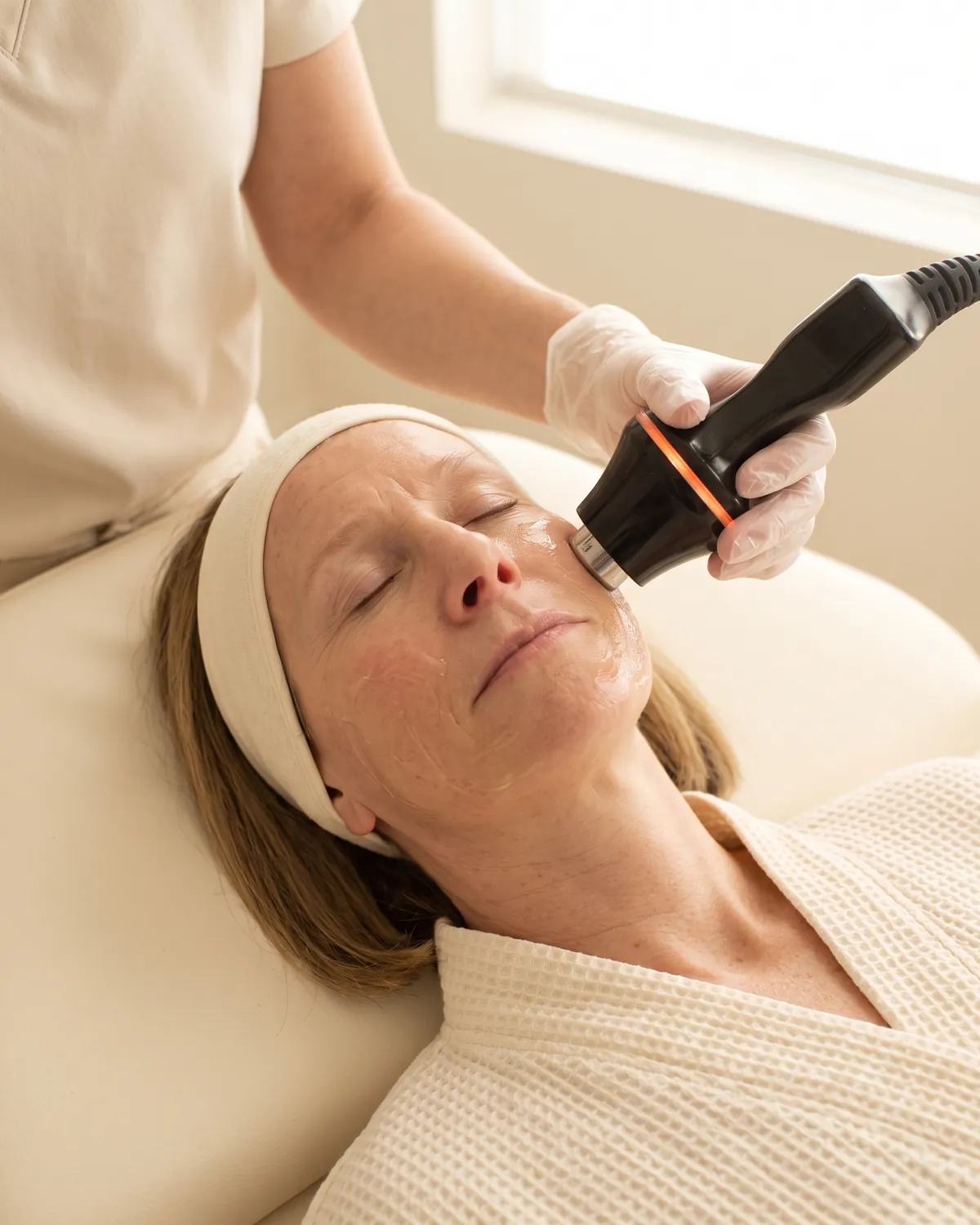 Radiofrequency skin tightening on a woman's jawline in Vero Beach