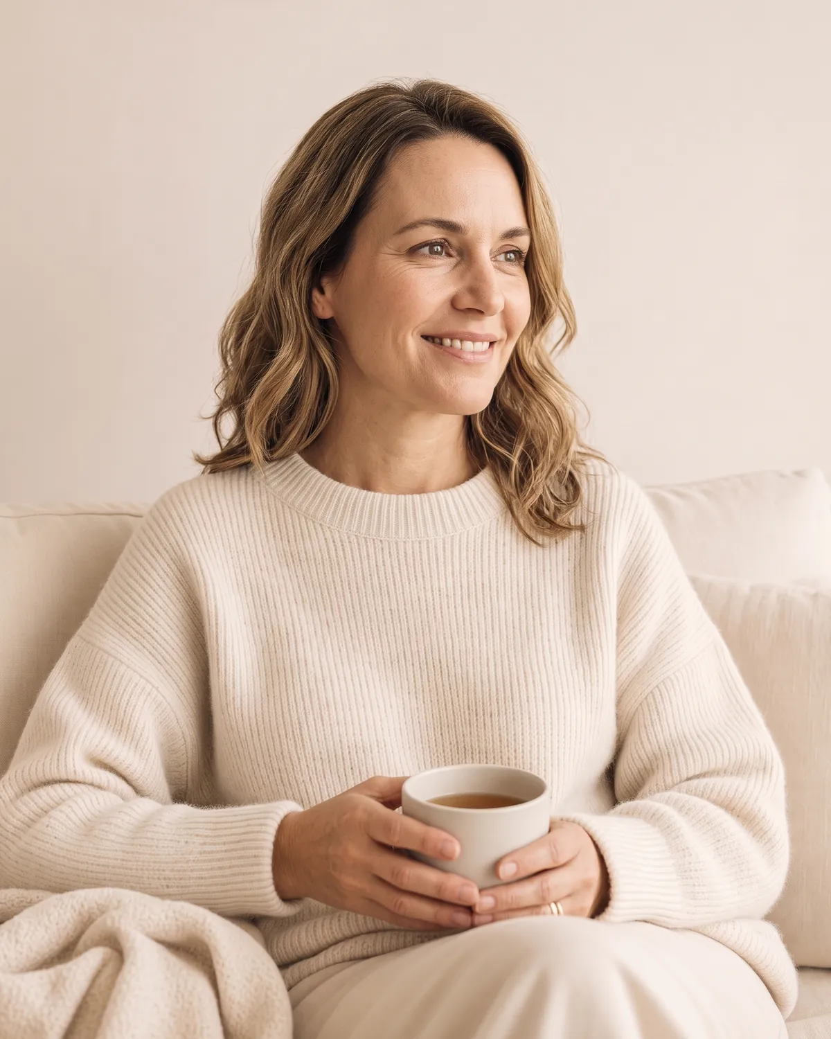 Woman relaxing at home with tea before a telehealth visit in Vero Beach